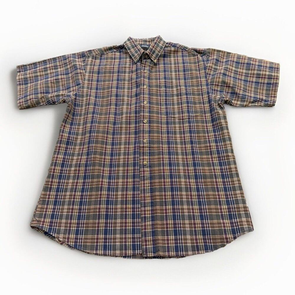 Vintage Bon Homme Mens Brown Blue Plaid Button Up Short Sleeve Shirt Size L